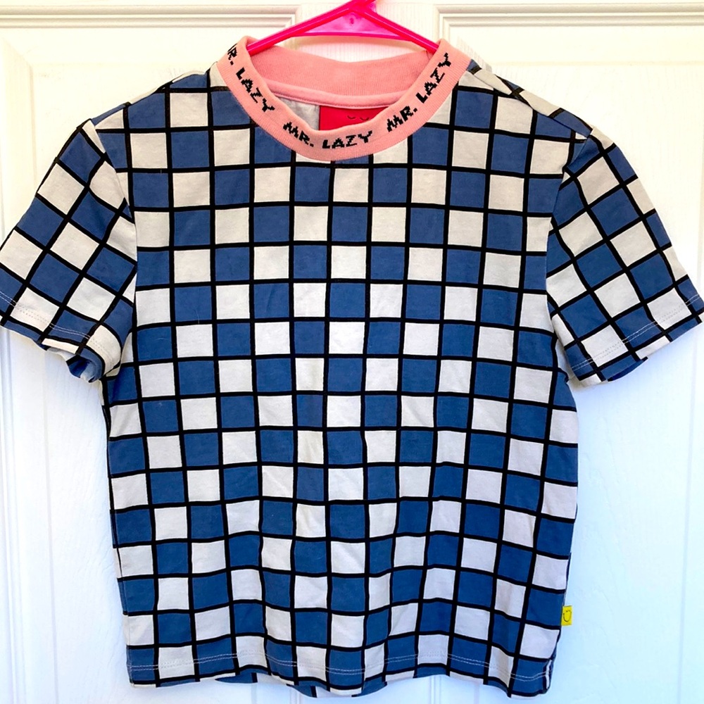 Lazy Oaf cotton blue/white short sleeve t-shirt with pink Mr. Lazy ribbing